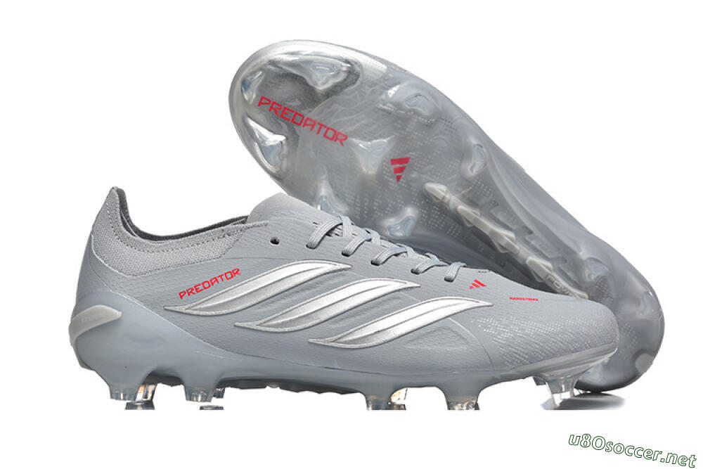 Men's Adidas Predator 26 Elite FG Football Boots - Gray/Steel Gray/Crimson Red 2