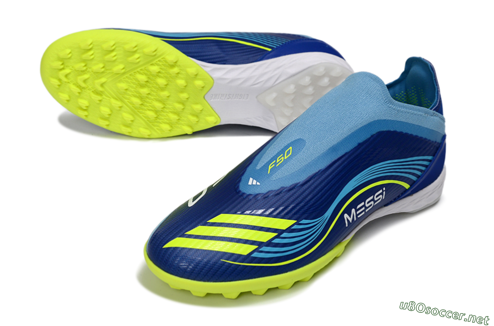 Unisex Messi x Adidas F50 Elite Laceless TF Football Shoes - Blue/Luminous Yellow/Soft Sky 3