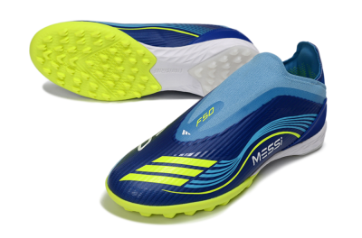 Unisex Messi x Adidas F50 Elite Laceless TF Football Shoes - Blue/Luminous Yellow/Soft Sky