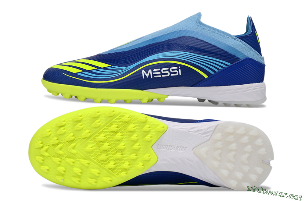 Unisex Messi x Adidas F50 Elite Laceless TF Football Shoes - Blue/Luminous Yellow/Soft Sky 1