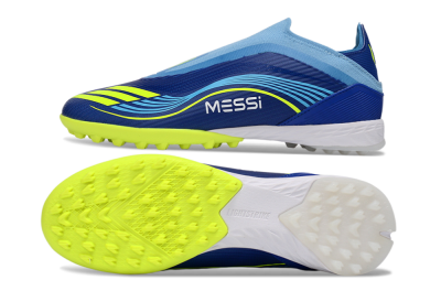 Unisex Messi x Adidas F50 Elite Laceless TF Football Shoes - Blue/Luminous Yellow/Soft Sky