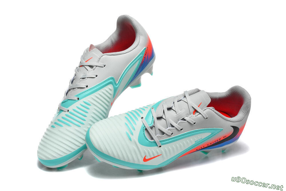 Men's Nike Phantom 6 Low Elite FG Football Boots - Gray/Aqua Blue/Coral Orange 6