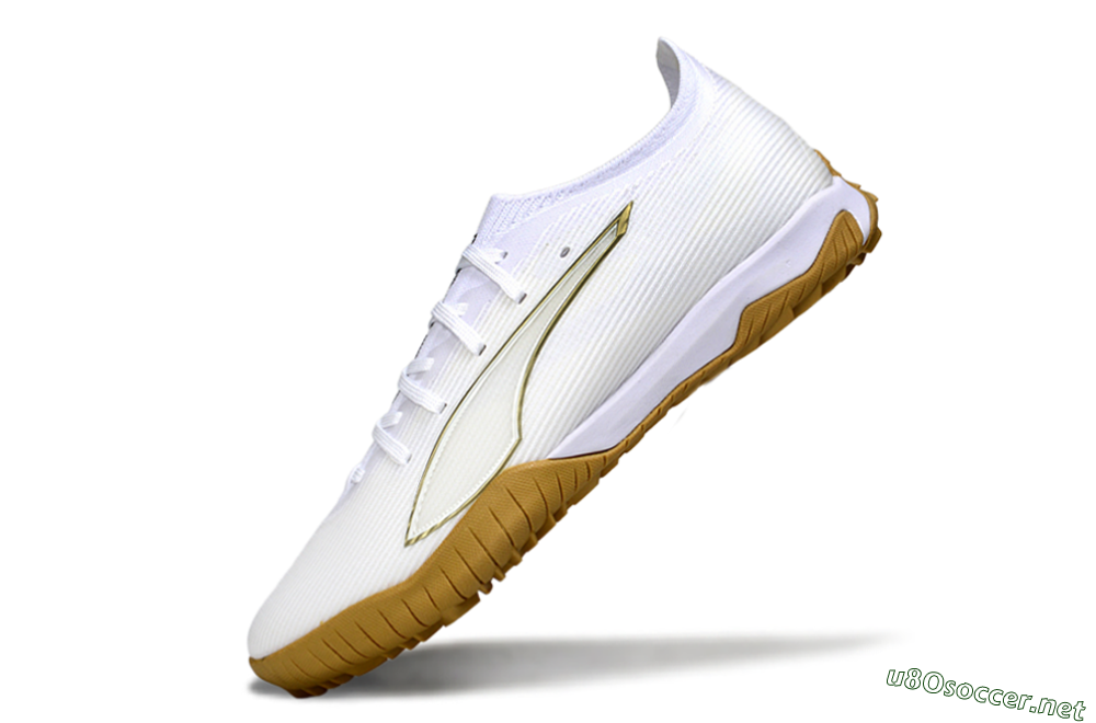 Men's Puma Ultra Ultimate TF Football Shoes - White/Golden Touch/Tan Sole 5