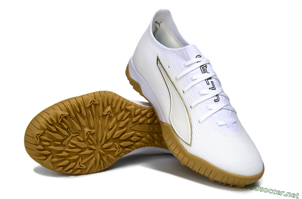 Men's Puma Ultra Ultimate TF Football Shoes - White/Golden Touch/Tan Sole 3