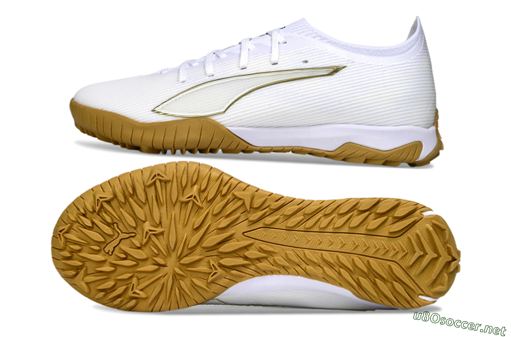 Men's Puma Ultra Ultimate TF Football Shoes - White/Golden Touch/Tan Sole 1