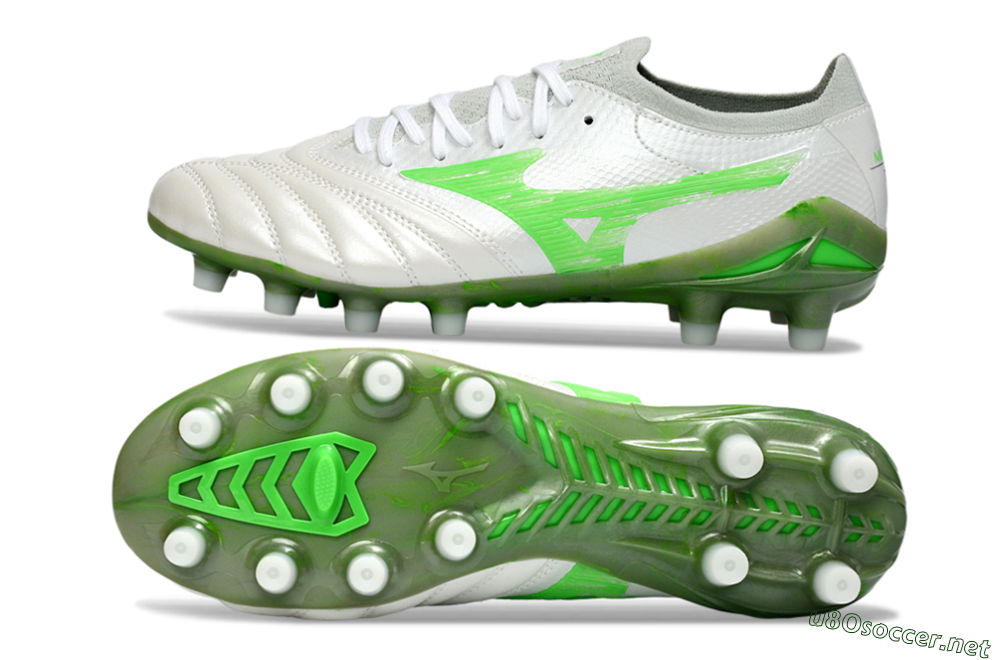 Men's Mizuno Morelia Neo 4 FG Football Boots - White/Vibrant Green/Graphite Grey 1