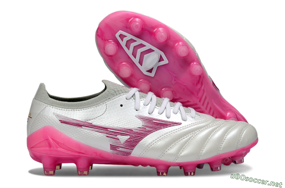 Men's Mizuno Morelia Neo 4 FG Football Boots - White/Electric Pink/Metallic Silver 2