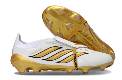 Men's Adidas Predator 26 Elite Fold-Over Tongue FG Football Boots - White/Golden Highlights/Black Accents