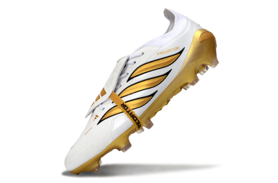 Men's Adidas Predator 26 Elite Fold-Over Tongue FG Football Boots - White/Golden Highlights/Black Accents