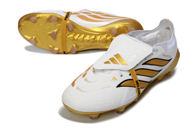 Men's Adidas Predator 26 Elite Fold-Over Tongue FG Football Boots - White/Golden Highlights/Black Accents