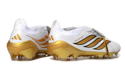 Men's Adidas Predator 26 Elite Fold-Over Tongue FG Football Boots - White/Golden Highlights/Black Accents