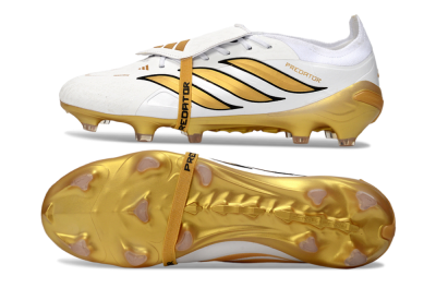 Men's Adidas Predator 26 Elite Fold-Over Tongue FG Football Boots - White/Golden Highlights/Black Accents