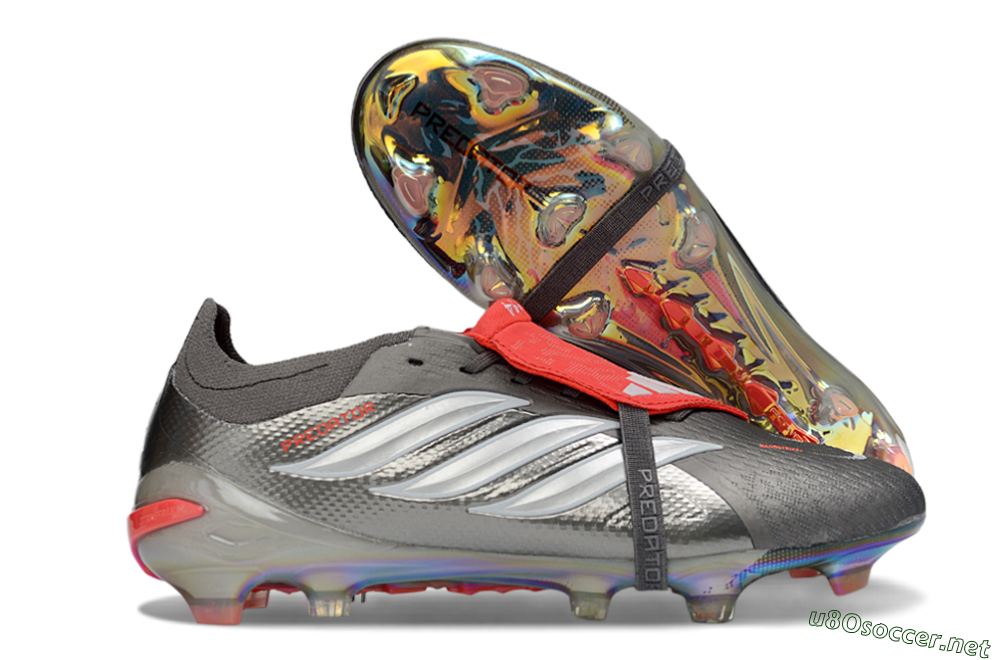 Men's Adidas Predator 26 Elite Fold-Over Tongue FG Football Boots - Gray/Electric Silver/Fire Red 2