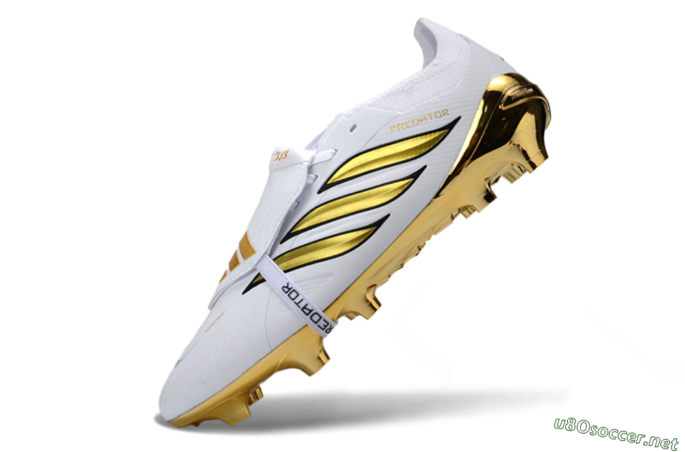 Unisex Adidas Predator 26 Elite Fold-Over Tongue FG Football Boots - White/Elegant Gold/Classic Black 5