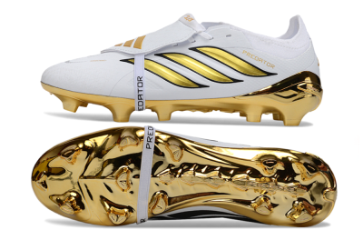 Unisex Adidas Predator 26 Elite Fold-Over Tongue FG Football Boots - White/Elegant Gold/Classic Black