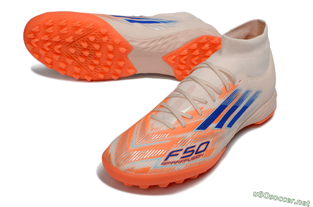Men's Adidas F50 Elite Mid TF Football Shoes - Peach/Electric Orange/Classic Blue 3