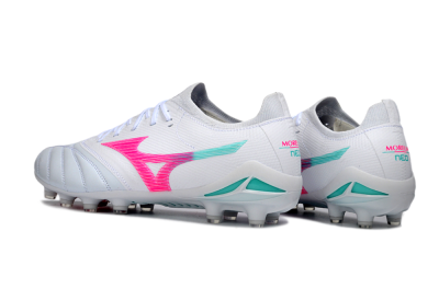 Men's Mizuno Morelia Neo 4 FG Football Boots - White/Neon Pink/Teal