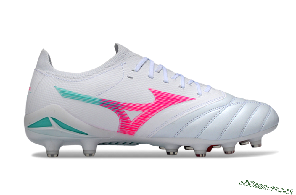 Men's Mizuno Morelia Neo 4 FG Football Boots - White/Neon Pink/Teal 5