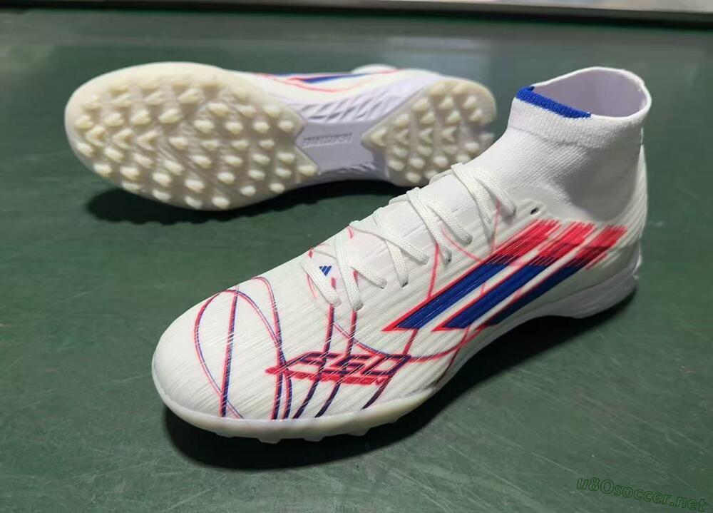 Men's Adidas F50 Elite Mid TF Football Shoes - White/Electric Red/Deep Blue