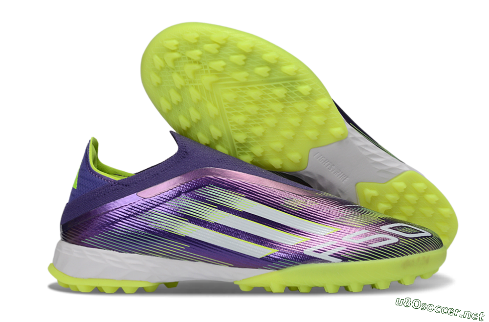 Men's Adidas F50 Pro Laceless TF Football Shoes - Purple/Lime Green/White 2