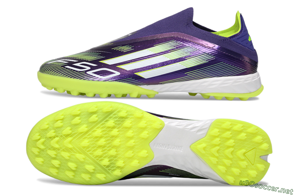 Men's Adidas F50 Pro Laceless TF Football Shoes - Purple/Lime Green/White 1