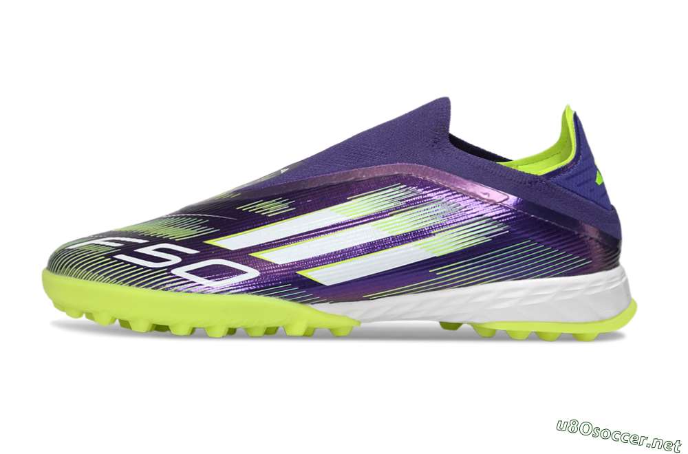 Men's Adidas F50 Pro Laceless TF Football Shoes - Purple/Lime Green/White 0