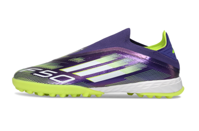 Men's Adidas F50 Pro Laceless TF Football Shoes - Purple/Lime Green/White