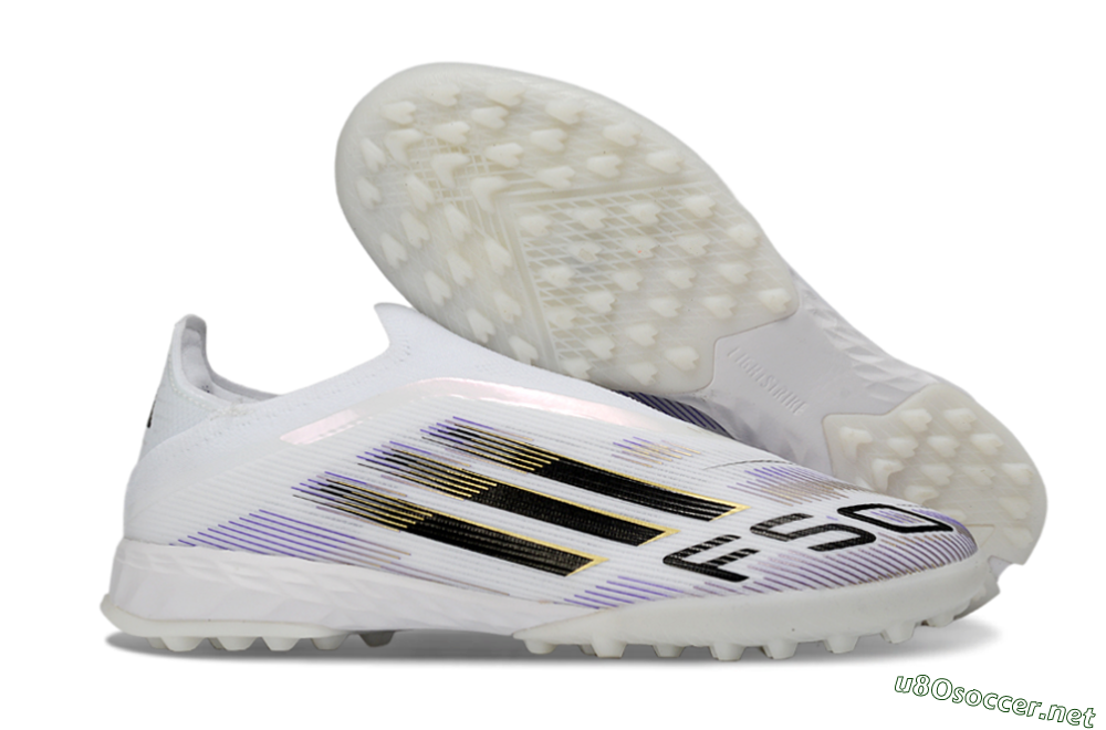 Men's Adidas F50 Pro Laceless TF Football Shoes - White/Black/Gold 2
