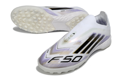 Men's Adidas F50 Pro Laceless TF Football Shoes - White/Black/Gold