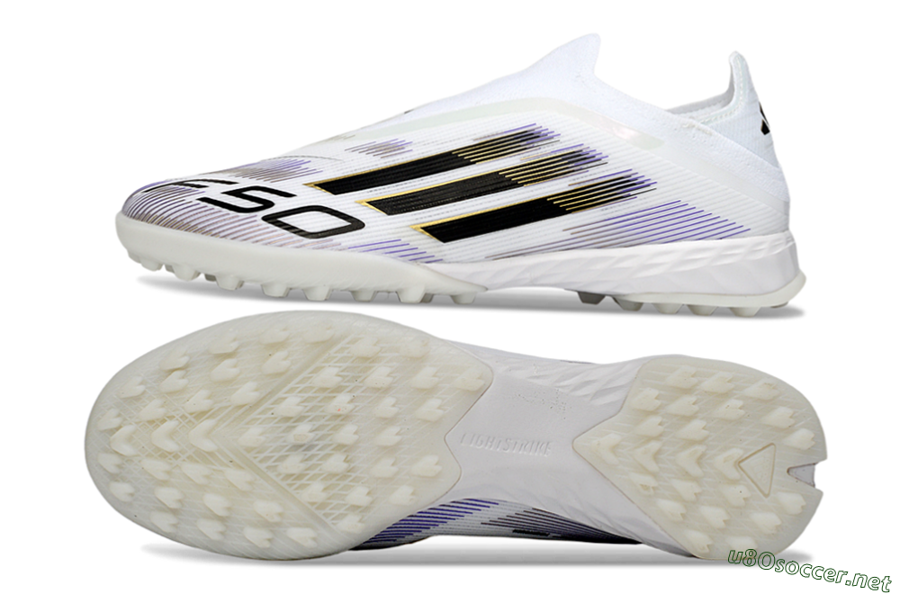 Men's Adidas F50 Pro Laceless TF Football Shoes - White/Black/Gold 1