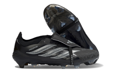 Unisex Adidas Predator 26 Elite Fold-Over Tongue FG Football Boots - Black/Graphite Gray/Metallic Silver