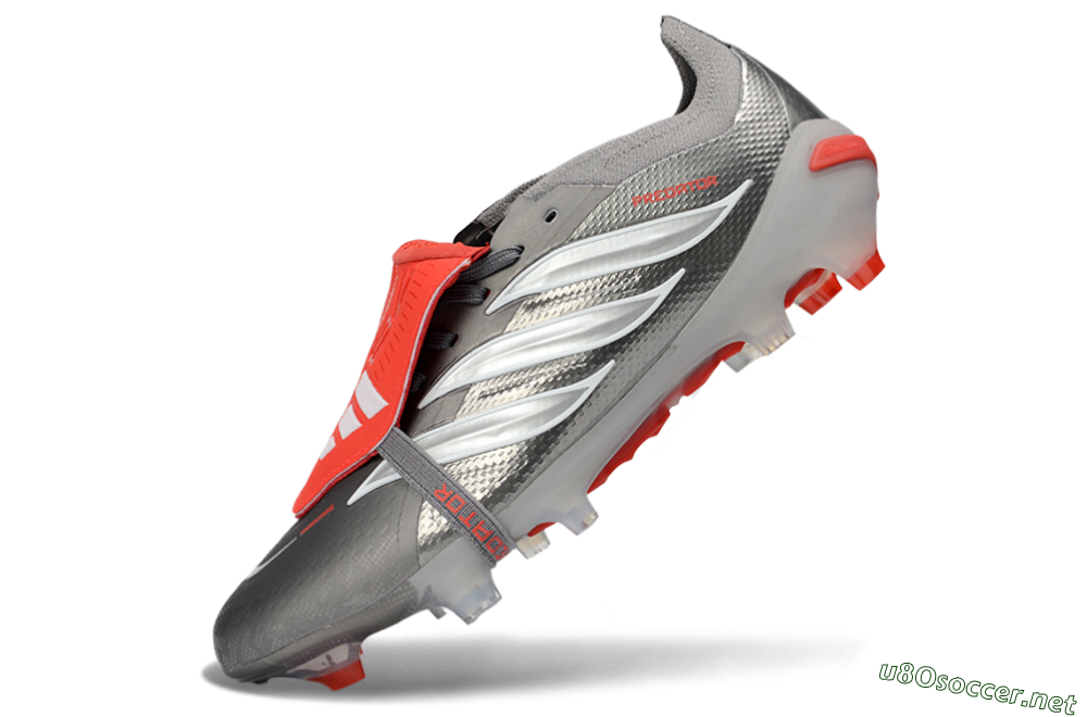 Unisex Adidas Predator 26 Elite Fold-Over Tongue FG Football Boots - Gray/Vibrant Red/Steel Gray 6