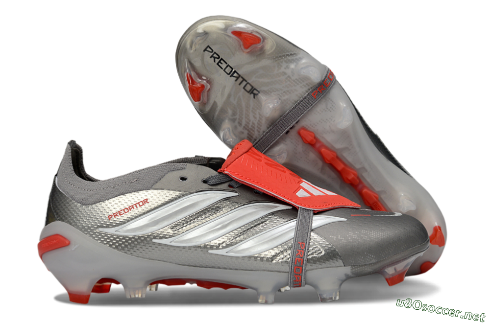 Unisex Adidas Predator 26 Elite Fold-Over Tongue FG Football Boots - Gray/Vibrant Red/Steel Gray 2