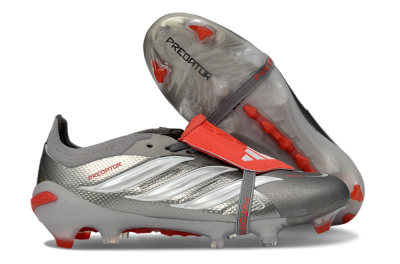 Unisex Adidas Predator 26 Elite Fold-Over Tongue FG Football Boots - Gray/Vibrant Red/Steel Gray