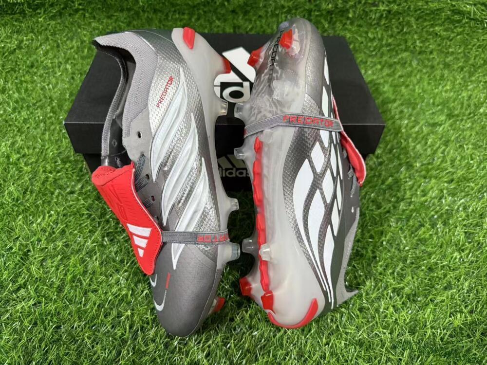 Unisex Adidas Predator 26 Elite Fold-Over Tongue FG Football Boots - Gray/Vibrant Red/Steel Gray