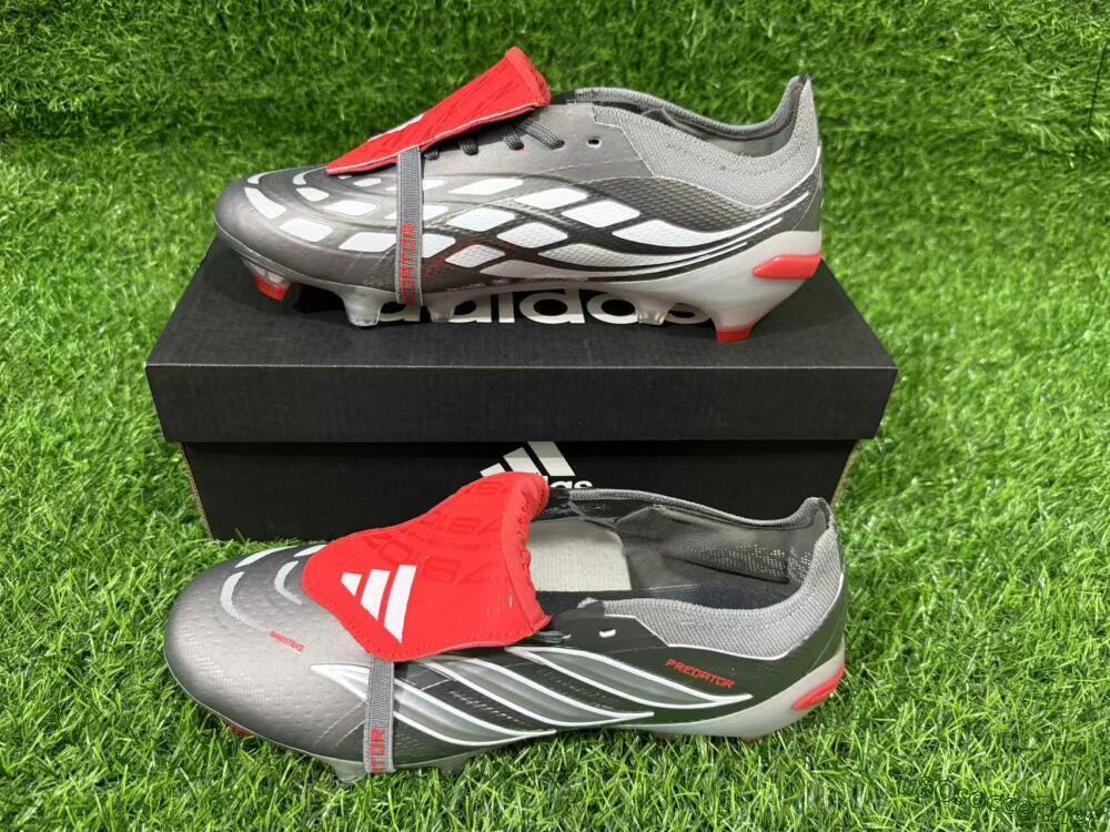 Unisex Adidas Predator 26 Elite Fold-Over Tongue FG Football Boots - Gray/Vibrant Red/Steel Gray