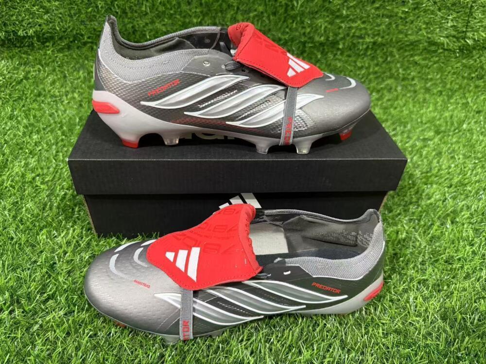 Unisex Adidas Predator 26 Elite Fold-Over Tongue FG Football Boots - Gray/Vibrant Red/Steel Gray