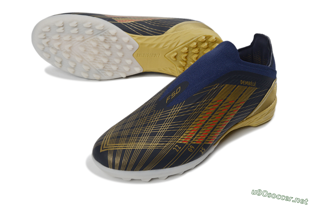 Unisex Dembélé x Adidas F50 Elite Laceless TF Football Shoes - Navy/Gold/Red 3