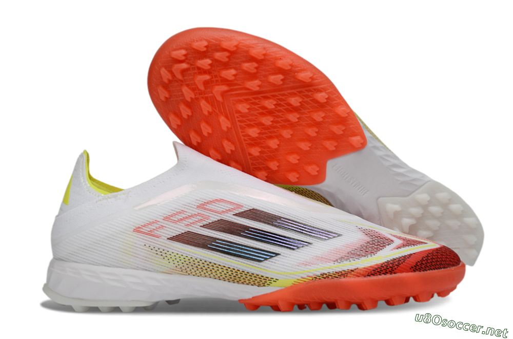 Men's Adidas F50 Pro Laceless TF Football Shoes - White/Vibrant Orange/Sunny Yellow 2
