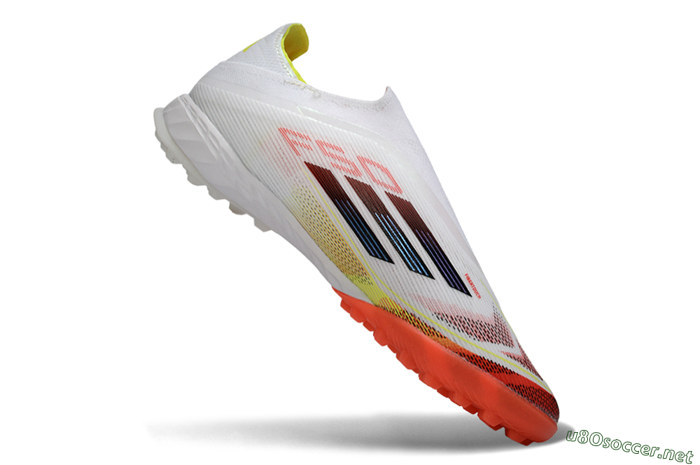 Men's Adidas F50 Pro Laceless TF Football Shoes - White/Vibrant Orange/Sunny Yellow 4