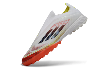 Men's Adidas F50 Pro Laceless TF Football Shoes - White/Vibrant Orange/Sunny Yellow