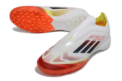 Men's Adidas F50 Pro Laceless TF Football Shoes - White/Vibrant Orange/Sunny Yellow
