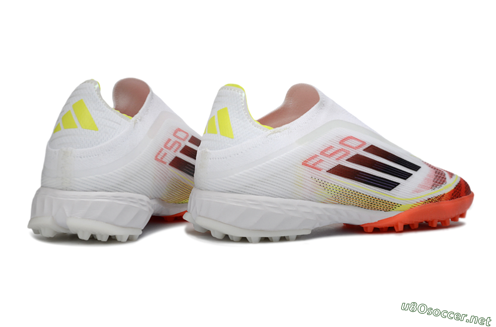Men's Adidas F50 Pro Laceless TF Football Shoes - White/Vibrant Orange/Sunny Yellow 6