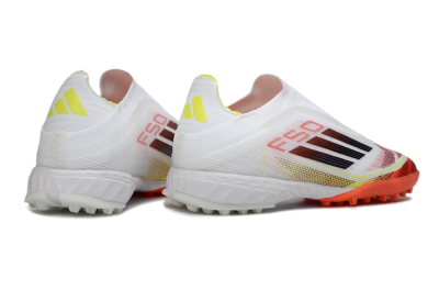 Men's Adidas F50 Pro Laceless TF Football Shoes - White/Vibrant Orange/Sunny Yellow