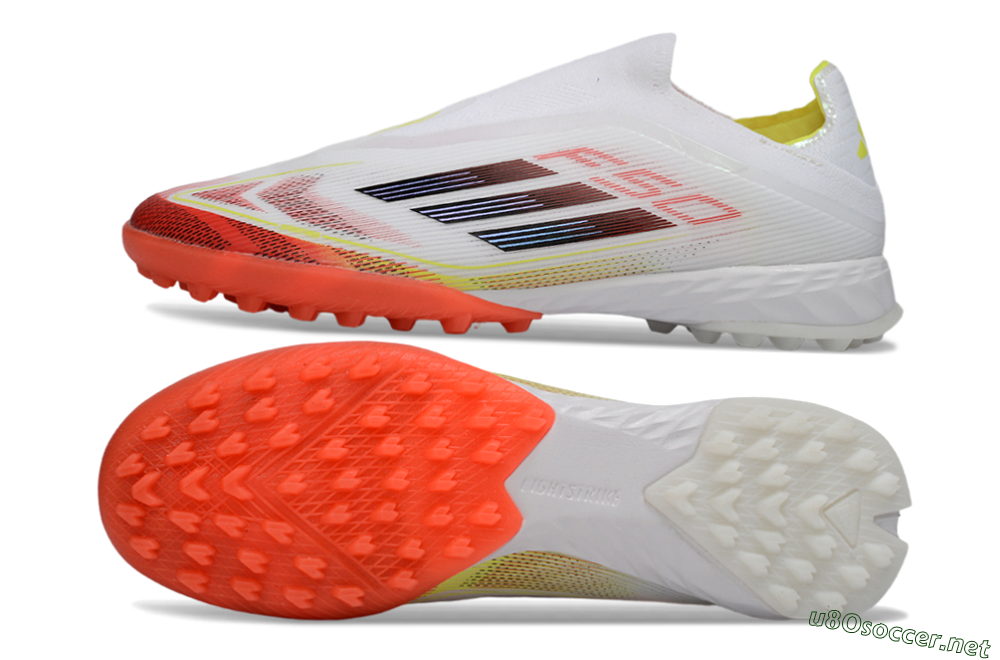 Men's Adidas F50 Pro Laceless TF Football Shoes - White/Vibrant Orange/Sunny Yellow 1
