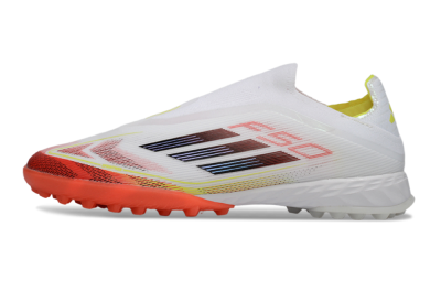 Men's Adidas F50 Pro Laceless TF Football Shoes - White/Vibrant Orange/Sunny Yellow