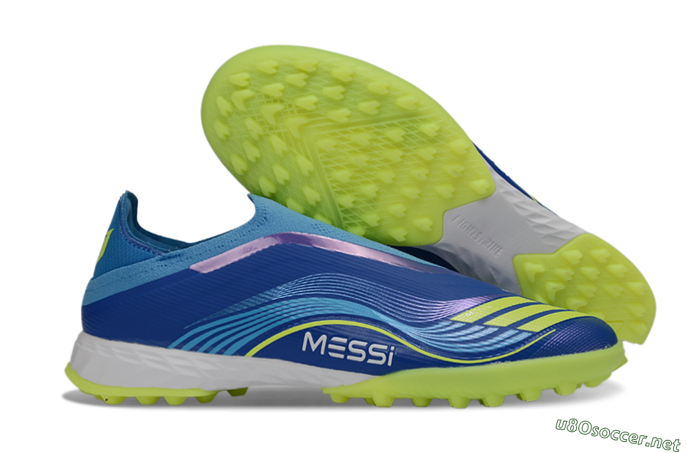 Men's Messi x Adidas F50 Pro Laceless TF Football Shoes - Blue/Lime Green/Light Blue 2