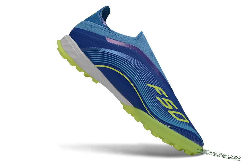 Men's Messi x Adidas F50 Pro Laceless TF Football Shoes - Blue/Lime Green/Light Blue 4