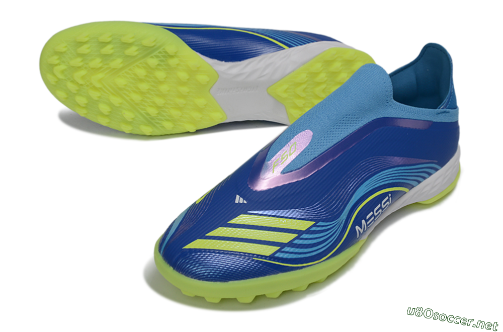 Men's Messi x Adidas F50 Pro Laceless TF Football Shoes - Blue/Lime Green/Light Blue 3