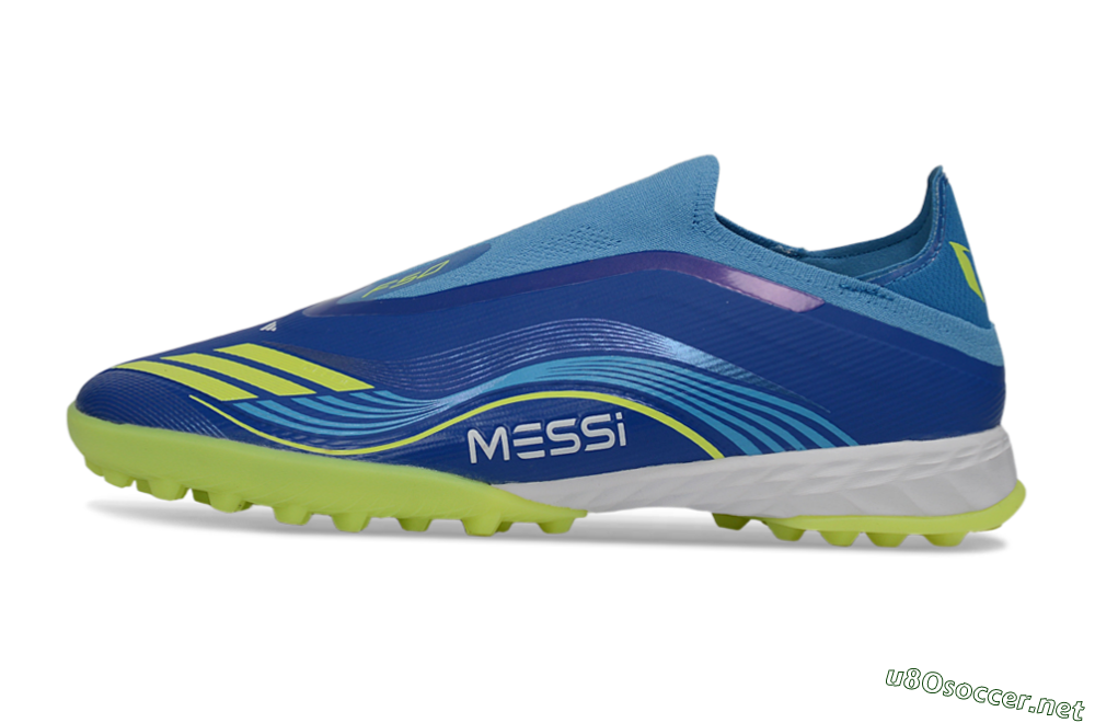 Men's Messi x Adidas F50 Pro Laceless TF Football Shoes - Blue/Lime Green/Light Blue 0